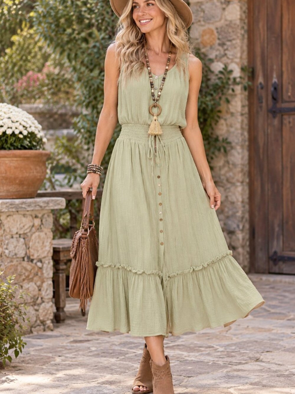 BLU PEPPER Elastic Waist w/Decorative Tie & Button Sage Green Midi Skirt NWT S